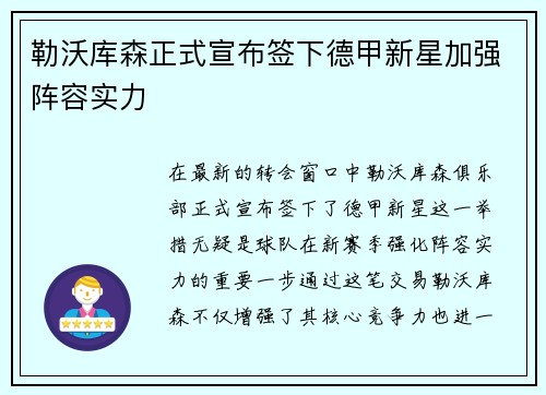 勒沃库森正式宣布签下德甲新星加强阵容实力